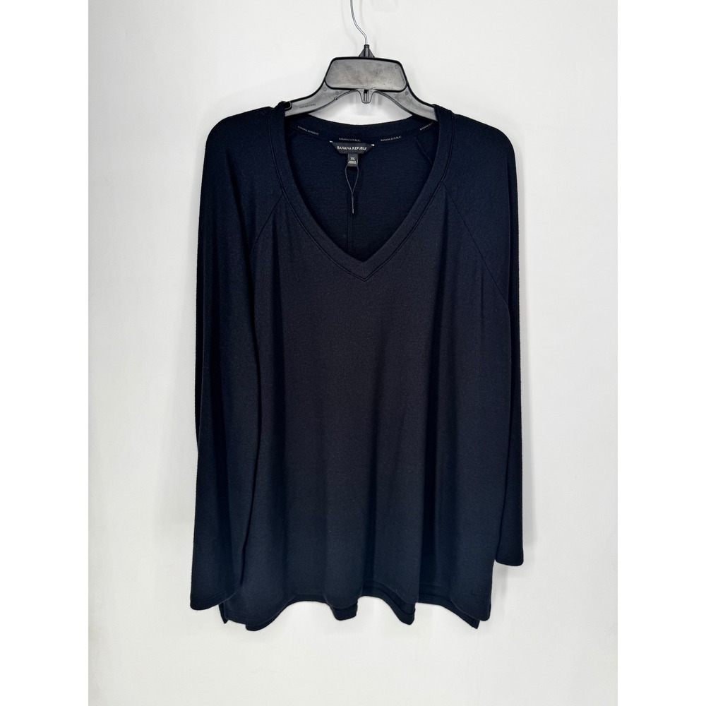 Banana Republic V-Neck Top Womens Size XXL Black Raglan Long Sleeve Slit Hem